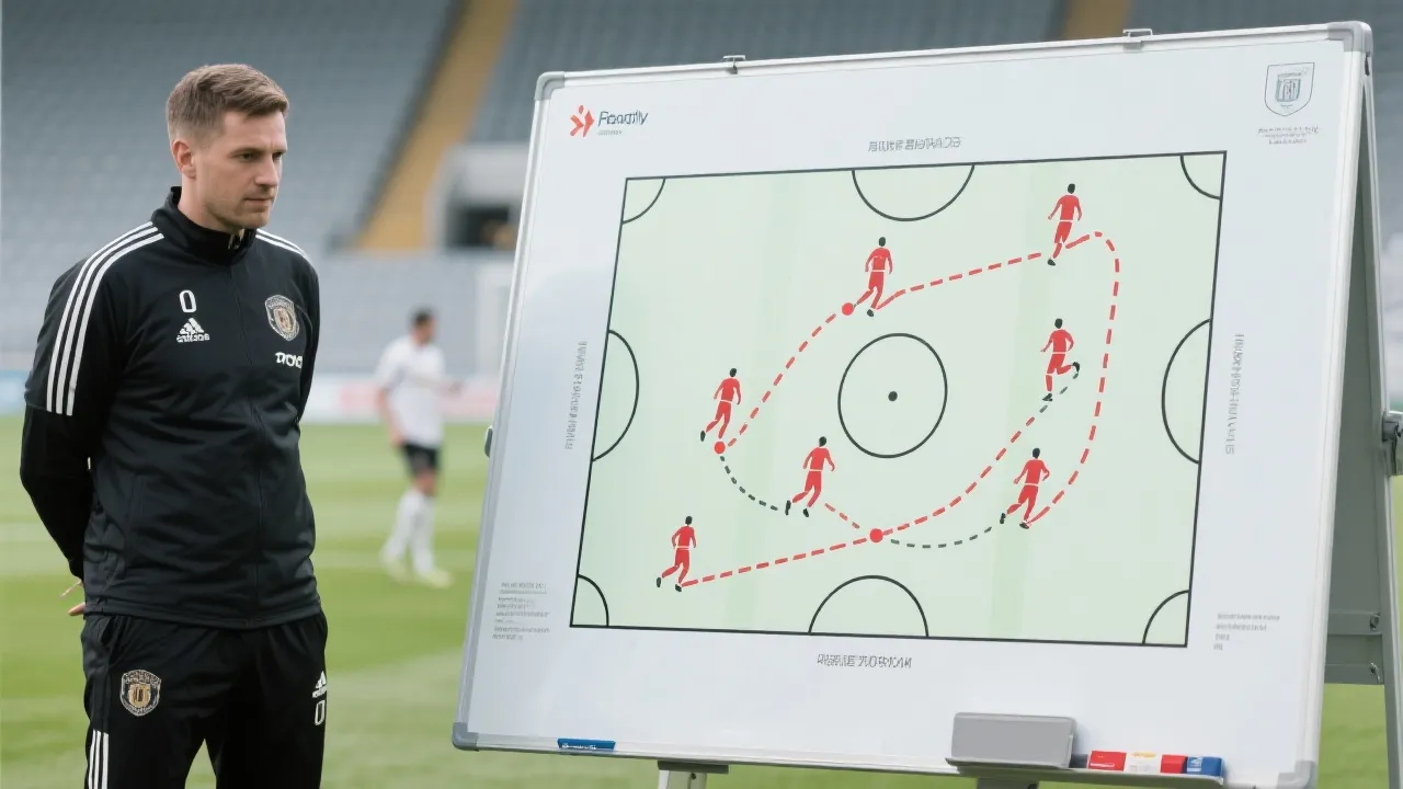 战术板上显示高位压迫与快速转换的示意，强调整体跑动与对抗