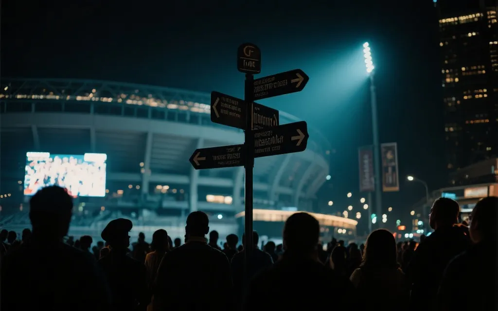 夜晚的体育场外人群与城市公共交通指示牌，氛围感强的观赛旅行场景
