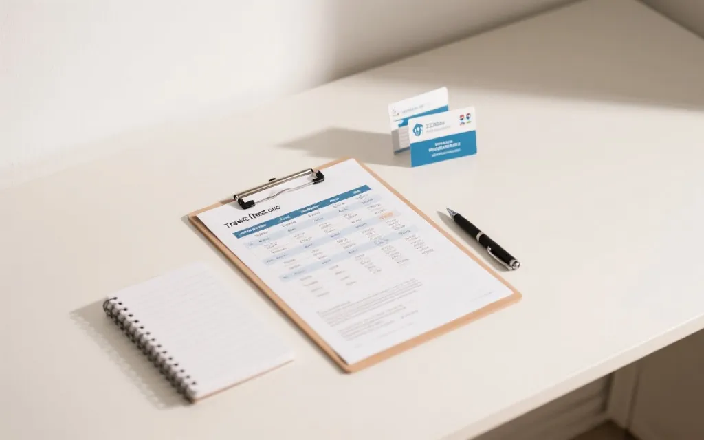 桌面上的旅行保险对照表、笔记本与比赛行程安排
